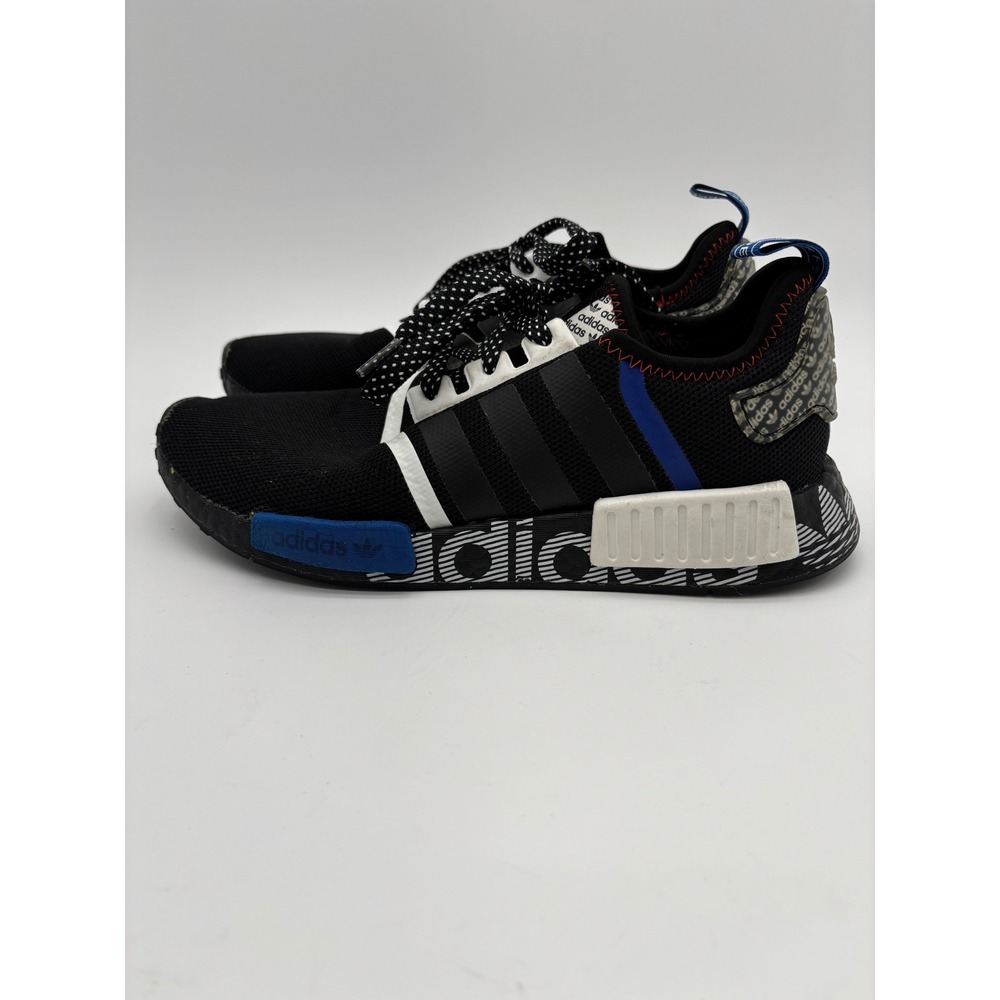 Adidas NMD R1 Mens 8.5 Womens 10 Black White Blue Logo Print Sneakers FX6794 - Picture 4 of 8